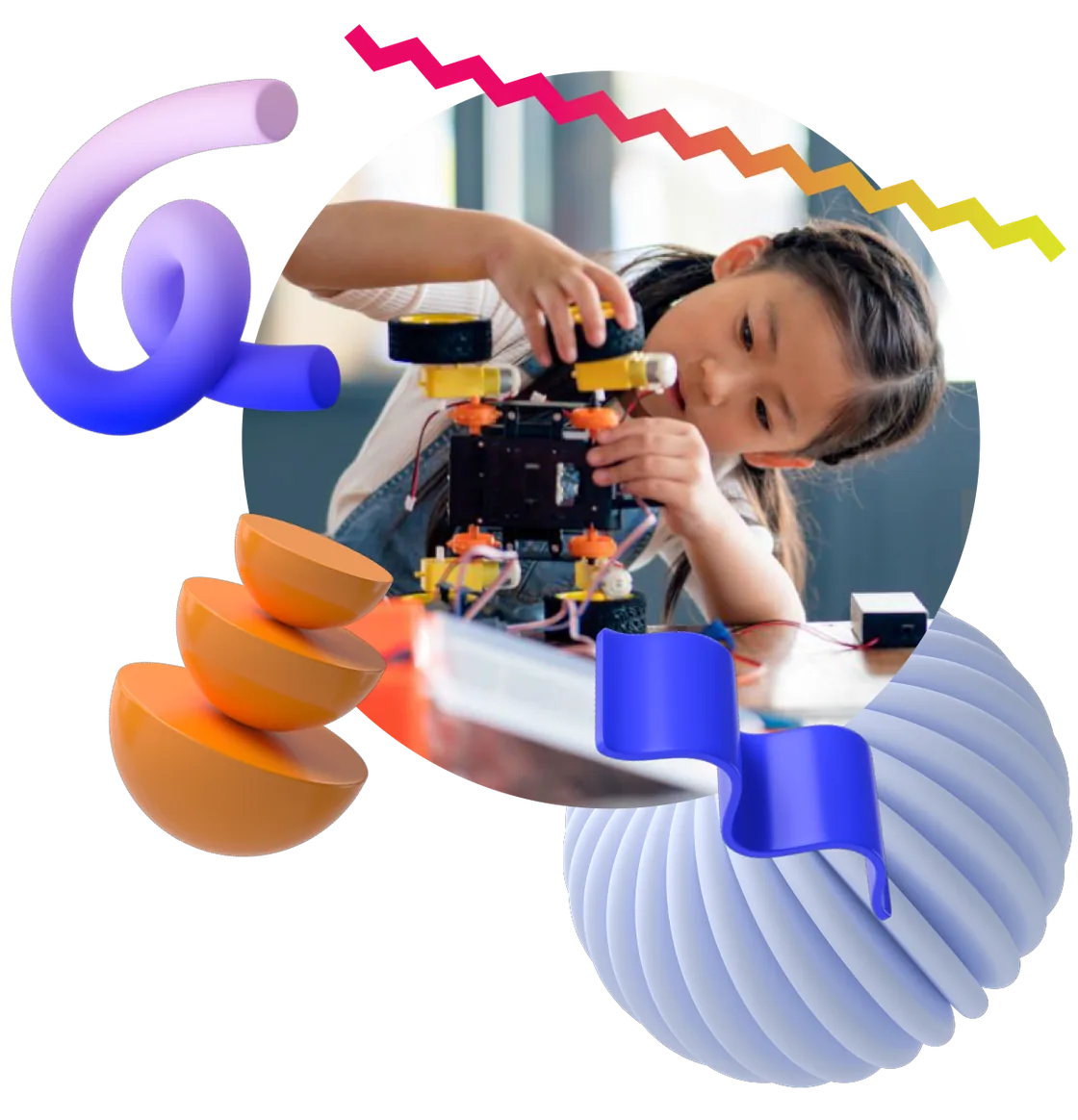 Child building a robot surrounded by playful shapes